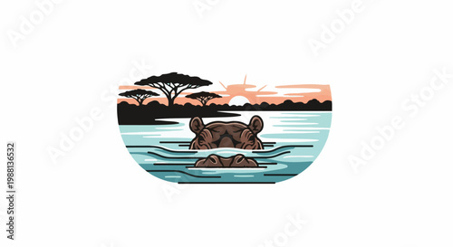 A hippo emerges from water at sunset with trees on the horizon