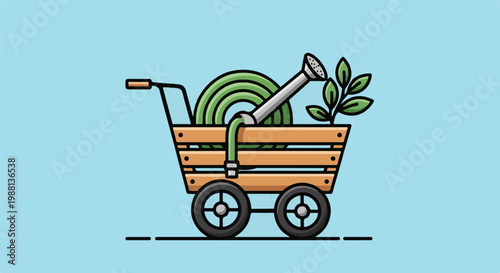 Wooden cart filled with gardening tools and a plant