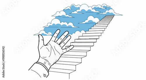 A hand reaches towards a staircase ascending into a cloudy sky