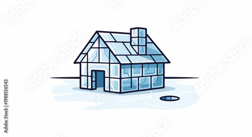 An ice house with a chimney sits on a frozen surface with a hole