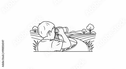 Young boy observes the landscape through binoculars