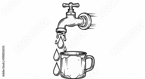 A dripping faucet fills a metal mug with water drops
