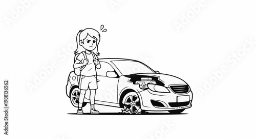 Angry girl with broken car, backpack, open hood