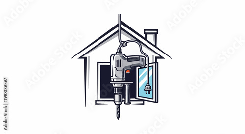 A drill hangs from a wire inside a house outline with a window