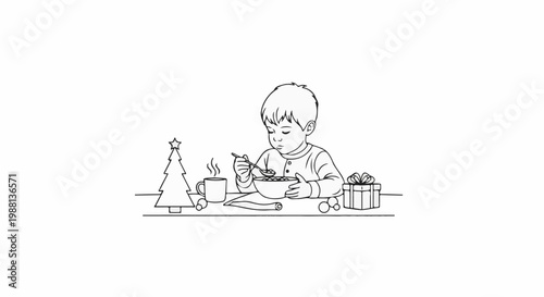 Young child eating cereal at a table with festive Christmas decorations