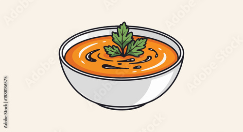 A white bowl filled with vibrant orange soup, garnished with green leaves and swirls
