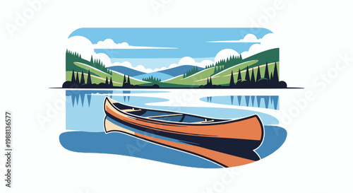 A vibrant illustration of a canoe floating peacefully on a calm lake reflecting rolling green hills