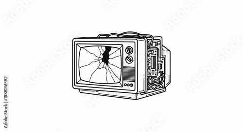 A cracked screen on an old television set with exposed internal components