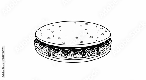 A black and white illustration of a round sandwich with dripping chocolate and beans