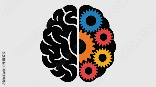 Geometric brain mark with mechanical half - for neuroscience illustration
