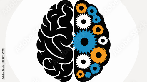 Brain silhouette with gear mechanism hemisphere - for AI technology branding