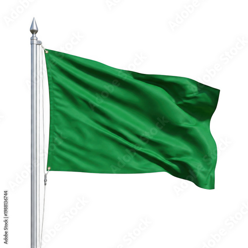 Green flag waving on a pole isolated on transparent background