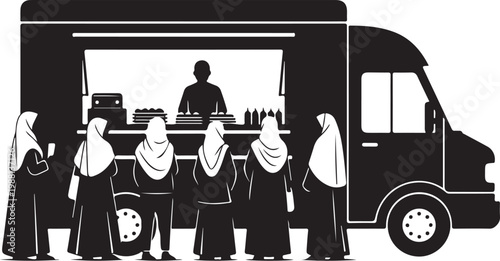 Food truck, people queue, black and white illustration, vector graphic, food service, fast food, restaurant concept