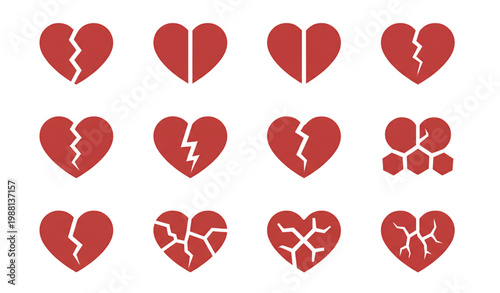 Cracked heart icon set vector broken love symbols for UI design minimal flat style collection