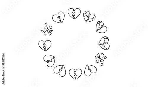 Broken heart outline icon set vector cracked love symbols line style UI elements collection