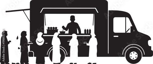 Food truck, people, silhouette, vector, black, illustration, restaurant, service, fast food