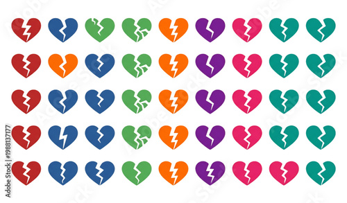 Cracked heart vector icons collection bold broken love symbols flat UI design set