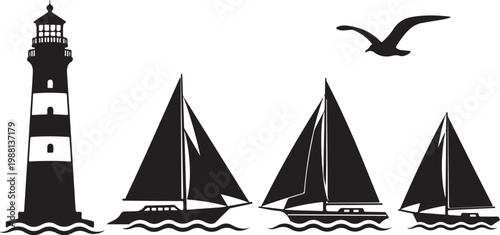 Nautical icons, lighthouse, sailboats, seagull, black and white vector graphics
