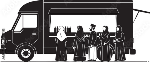 Food truck, people, Middle Eastern, black and white, illustration, vector graphics