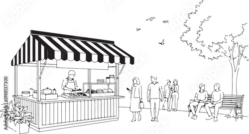 Outdoor food cart, black and white illustration, striped awning, people waiting in line, urban park scene