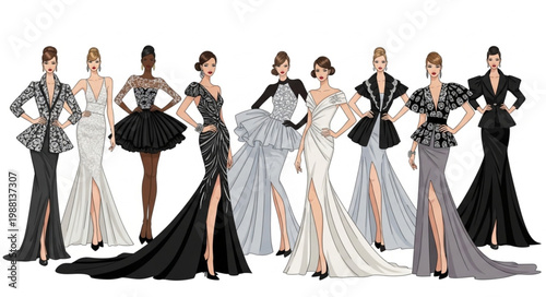 Elegant Fashion Models Showcase Designer Evening Gowns.