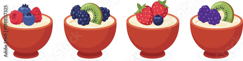 Healthy breakfast yogurt bowl set with fresh strawberries blueberries raspberries blackberries and kiwi for organic snack and dessert menu vector