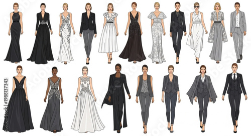 Elegant Fashion Models Showcase Diverse Designer Outfits.
