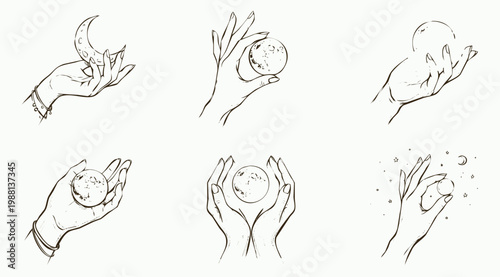 Hand Drawn Mystical Illustration Set of Hands Holding Moon and Celestial Spheres