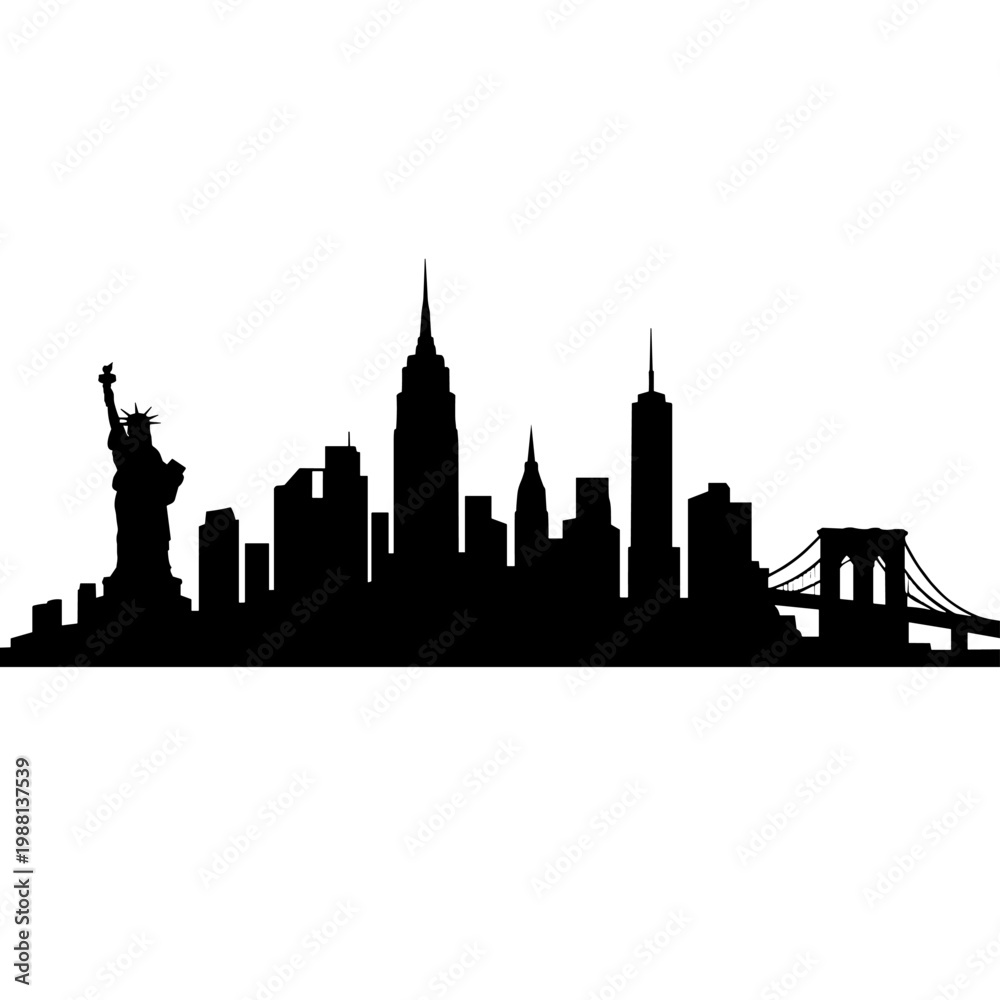 Obraz premium New York City Skyline Silhouette with Statue of Liberty and Brooklyn Bridge, Minimal Black Cityscape Illustration