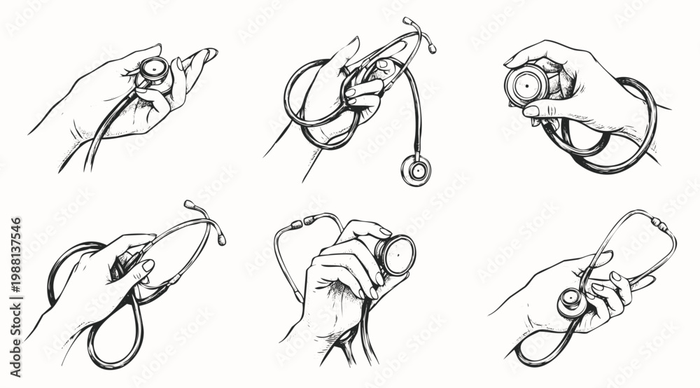 Fototapeta premium Hand Drawn Professional Illustration Set of Hands Holding Medical Stethoscope