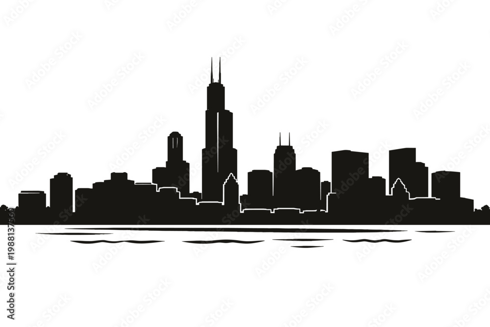 Fototapeta premium Chicago Skyline Silhouette with Water Reflection in Minimalist 2D Flat Vector Style
