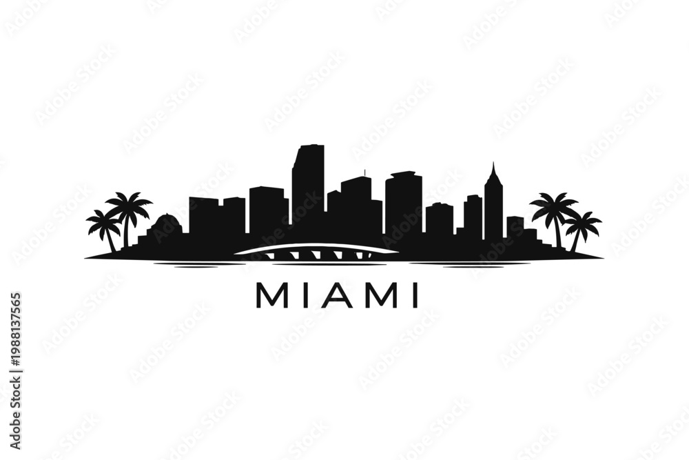 Obraz premium Miami Skyline Silhouette with Palm Trees in Minimalist 2D Flat Vector Style Coastal City
