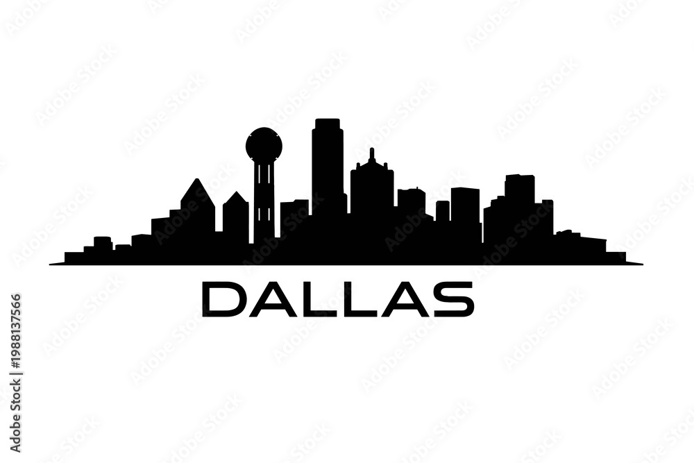 Fototapeta premium Dallas Skyline Silhouette with Reunion Tower in Minimalist 2D Flat Vector Style