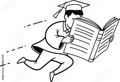 Determined student wearing a graduation cap while rushing forward to read a large open textbook in this minimalist vector illustration design