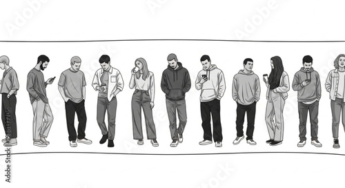 Diverse Group of Young People Standing and Using Smartphones.