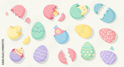 Fototapeta Cute Easter Eggs and Chicks Collection Flat Design.