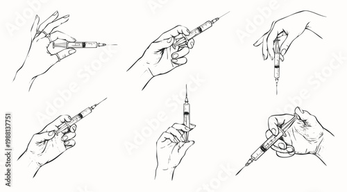 Hand Drawn Professional Illustration Set of Hands Holding Medical Syringe