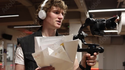 Videographer films using improvised paper light modifiers showing low budget production approach focusing on creativity resourcefulness and practical solutions in indoor studio filming environment