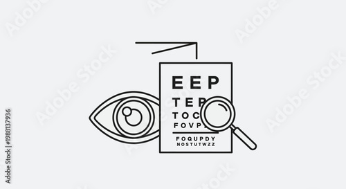 Eye exam chart with magnifying glass and eye icon.