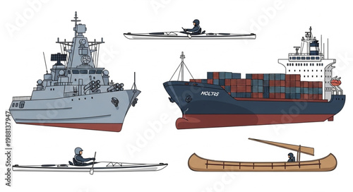 Collection of various watercraft including a warship cargo ship kayak and canoe.