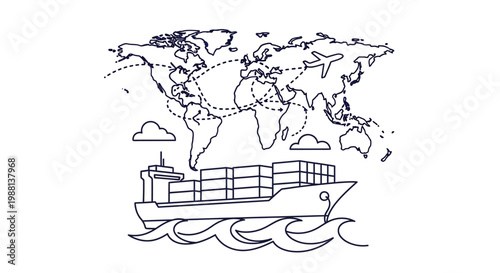 Global logistics with ship, plane, and world map.