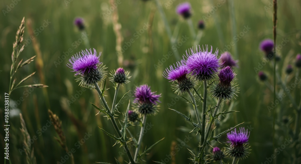 Obraz premium Vibrant purple thistle flowers blooming profusely amidst lush green grass in a sunny summer meadow scene, Thistle, detailed, bright