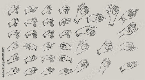 Hand Drawn Set of Various Hand Poses Holding Zodiac Sign Coins