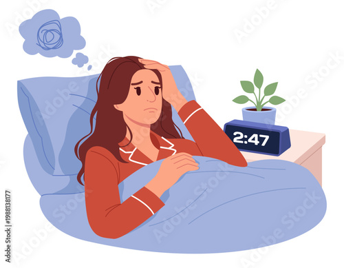 Insomnia Woman. Tired and Exhausted Woman in Bed. Frequent Awakening at Night. Flat Vector Illustration.