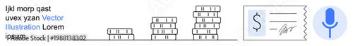 Financial planning, digital payments, saving money, economic growth, fintech, audio technology. Stacked coins, invoice icon and microphone symbol. Financial planning and saving money concepts