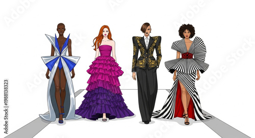 Diverse Models Showcase Avant-Garde Fashion Designs.
