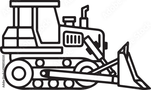 Simple bulldozer icon, geometric shapes, clean outline, minimal detail