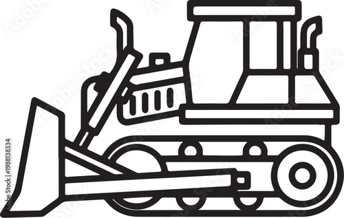 Simple bulldozer icon, geometric shapes, clean outline, minimal detail