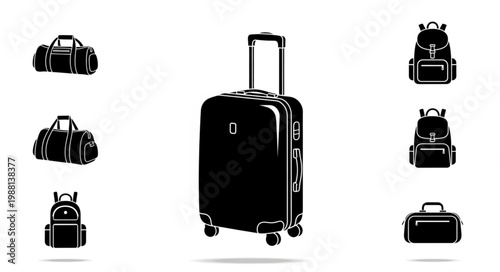 Collection of travel bags and luggage on a white background.