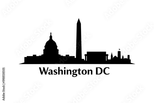 Black Washington DC Skyline Silhouette Illustration with Capitol and Monuments Isolated on White Background